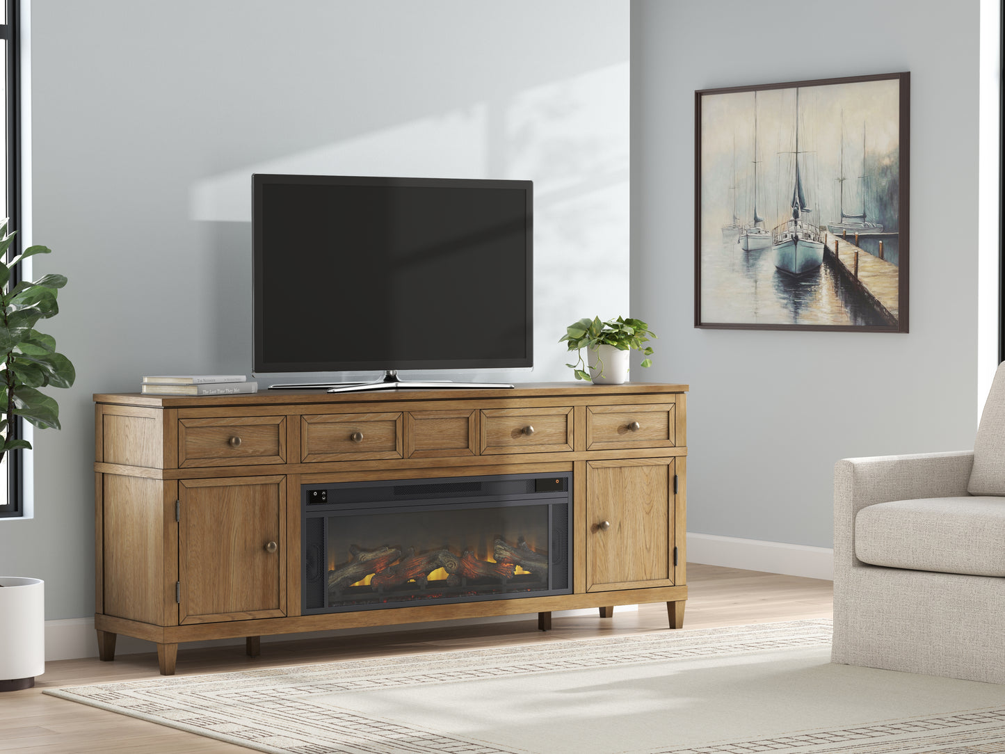 Cassel Furniture Outlet - Ashley Furniture - Sharlance 81" TV Stand with Electric Fireplace - 81" TV Stand with Electric Fireplace / Light Brown - W655W1