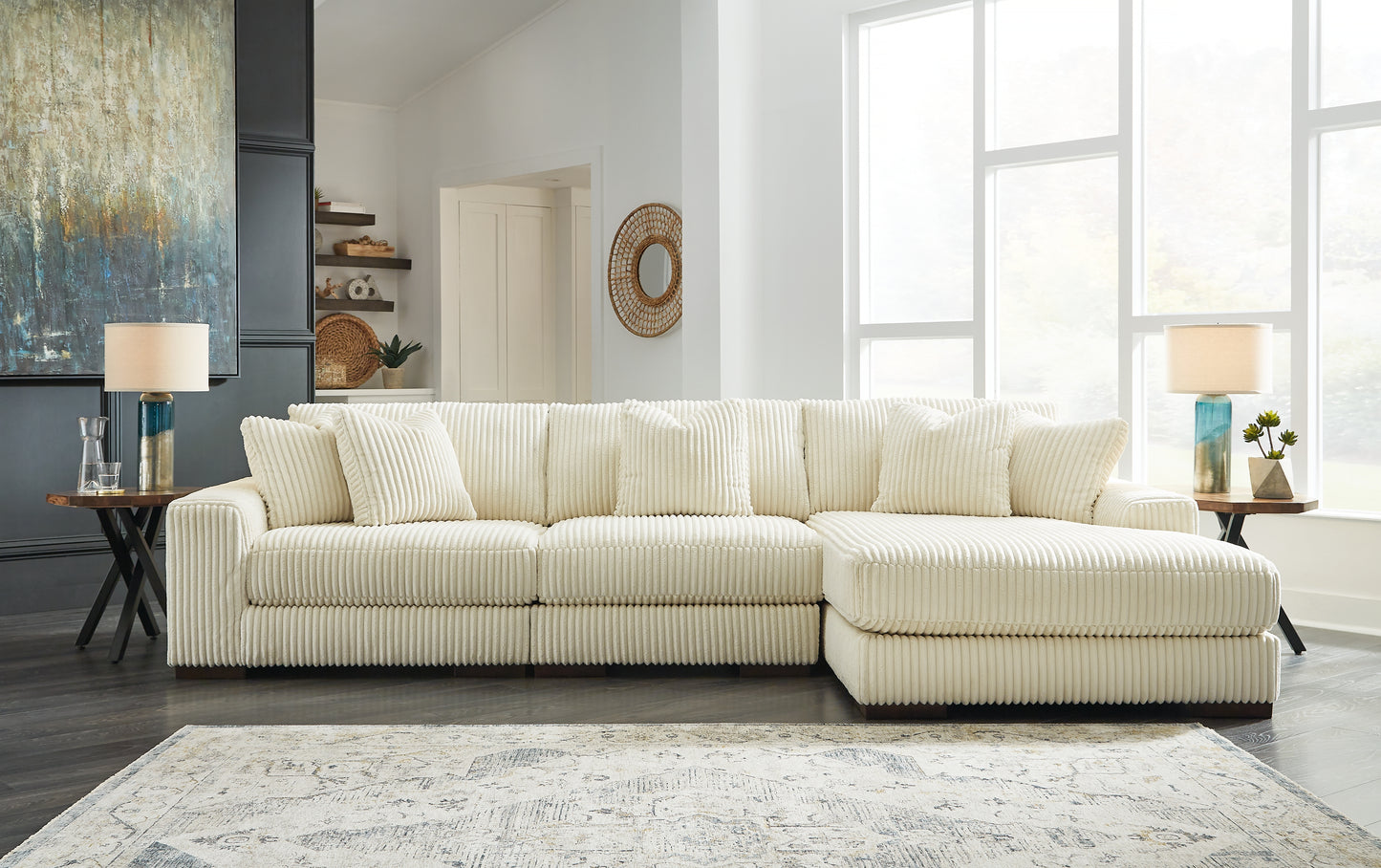 Cassel Furniture Outlet - Ashley Furniture - Lindyn Sectional - RAF 3-Piece Sectional with Chaise / Ivory - 21104S12