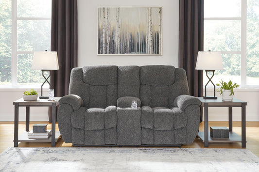 Cassel Furniture Outlet - Ashley Furniture - Foreside Living Room - DBL Rec Loveseat w/Console / Charcoal - 3810494