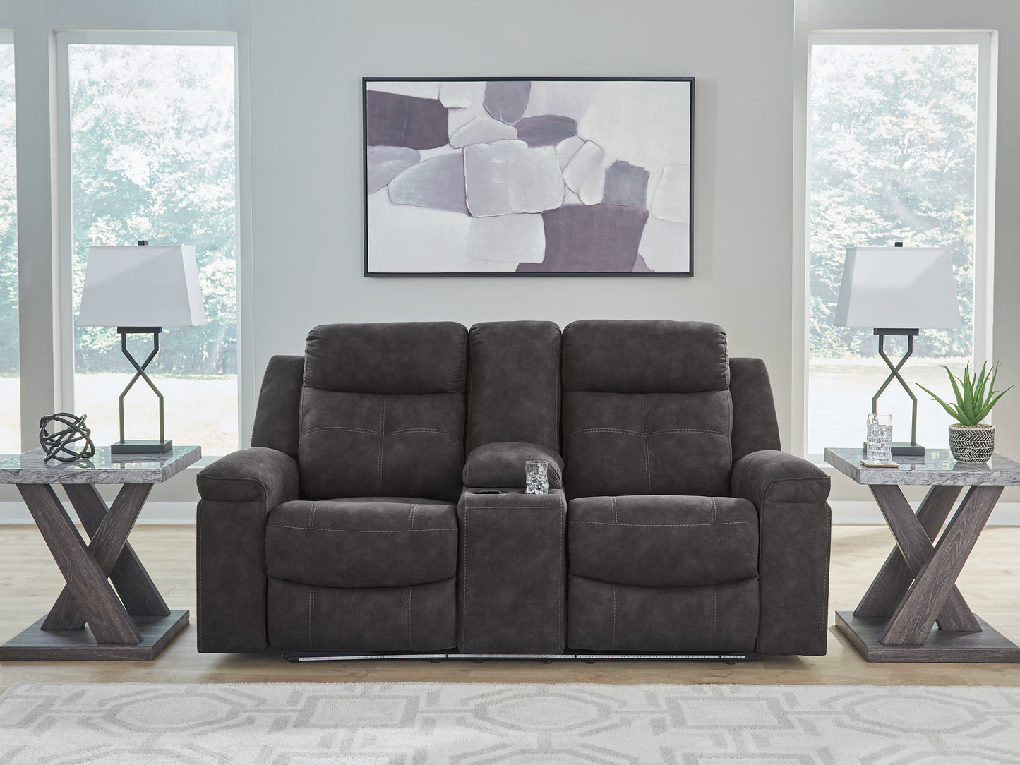 Cassel Furniture Outlet - Ashley Furniture - Brysonview Living Room - DBL Rec Loveseat w/Console / Charcoal - 6360594