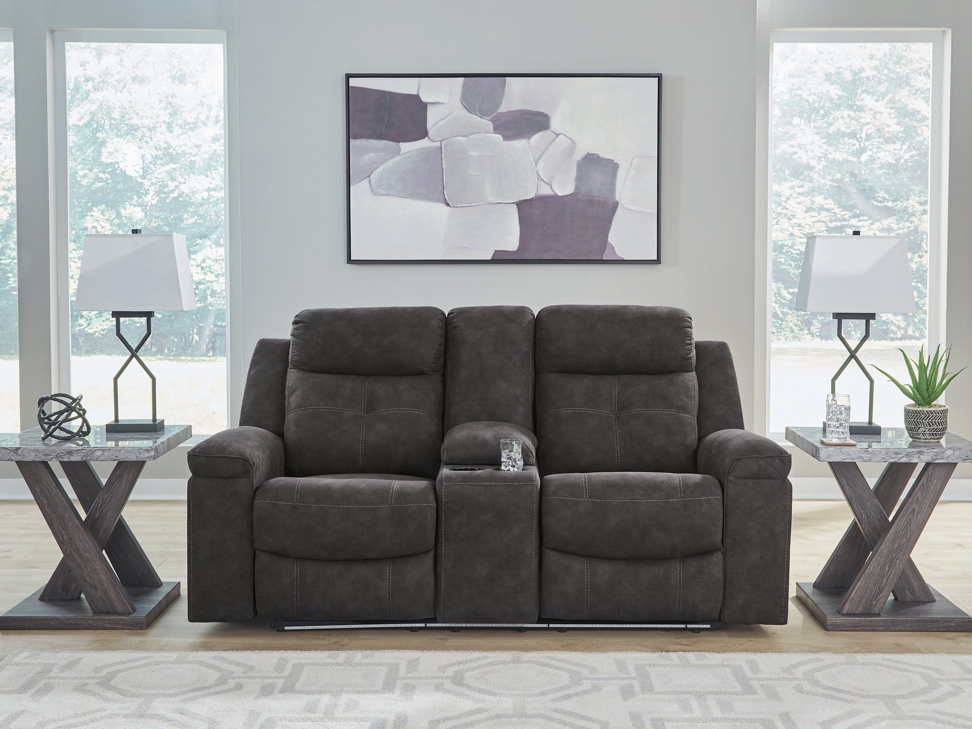 Cassel Furniture Outlet - Ashley Furniture - Brysonview Living Room - DBL Rec Loveseat w/Console / Charcoal - 6360594
