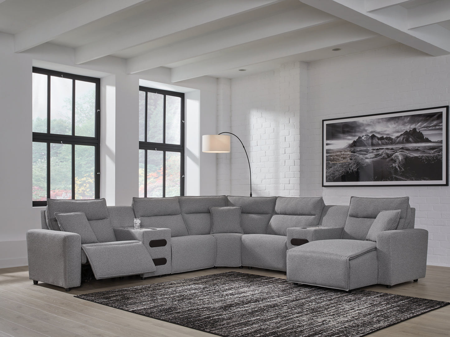 Cassel Furniture Outlet - Ashley Furniture - ModMax II Sectional - 7-Piece Power Reclining Sectional with Chaise and Audio Consoles / Salt and Pepper - 65906S7