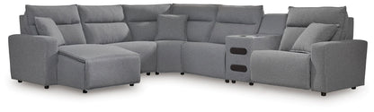 Cassel Furniture Outlet - Ashley Furniture - ModMax II Sectional - 6-Piece Reclining Sectional with Chaise and Audio Console / Salt and Pepper - 65906S29