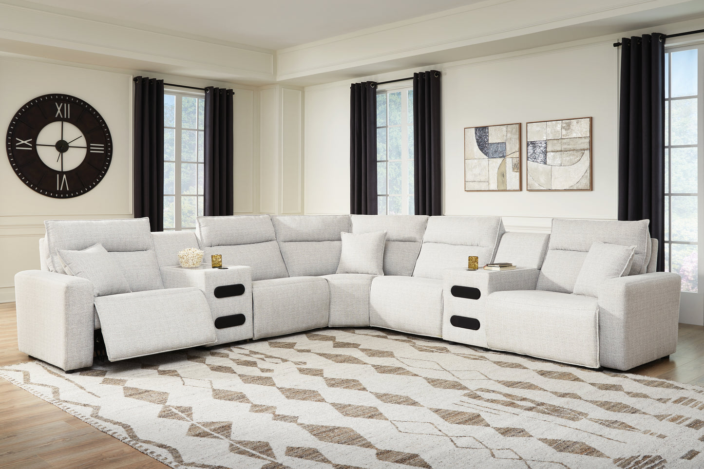 Cassel Furniture Outlet - Ashley Furniture - ModMax II Sectional - 7-Piece Power Reclining Sectional with Audio Consoles / Stone - 65907S9