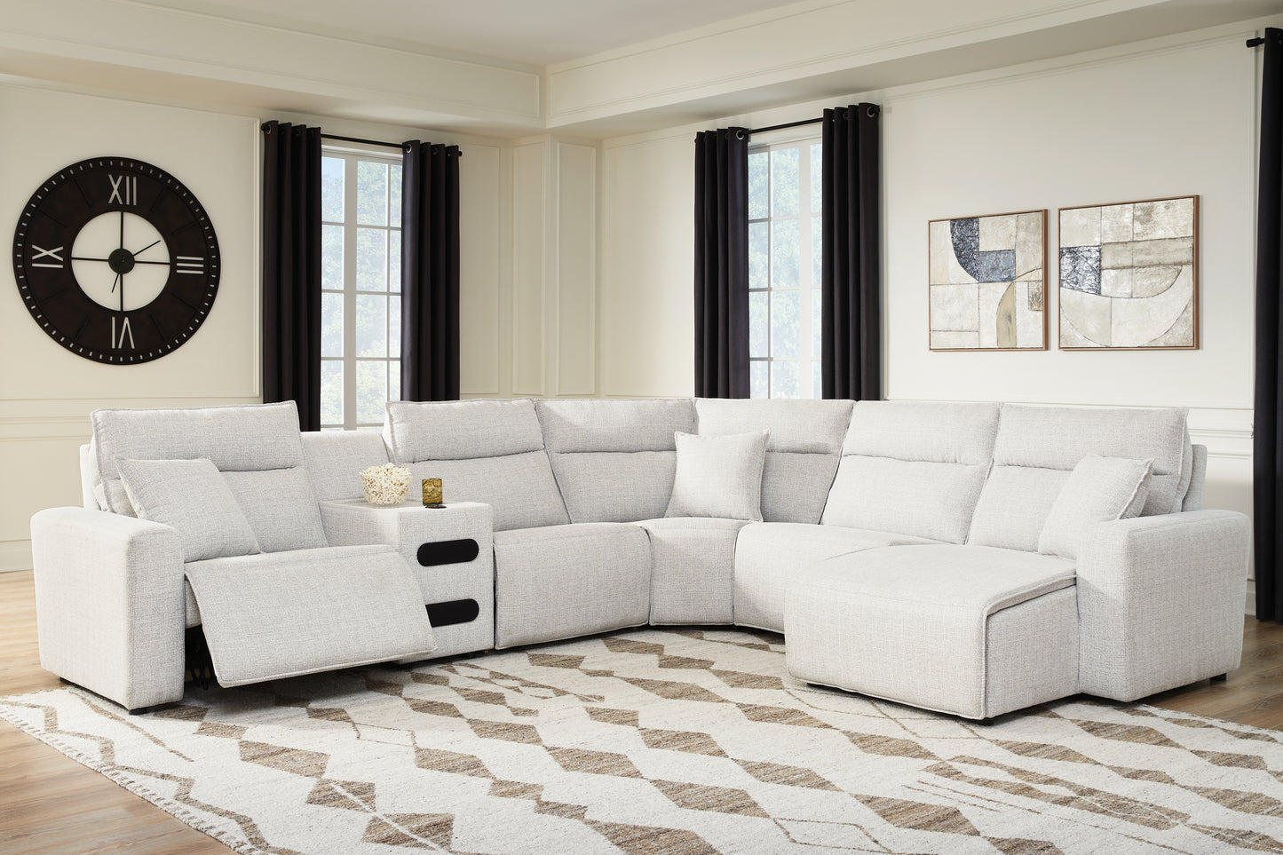 Cassel Furniture Outlet - Ashley Furniture - ModMax II Sectional - 6-Piece Reclining Sectional with Chaise and Audio Console / Stone - 65907S28