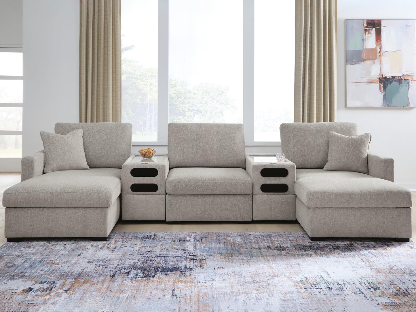 Cassel Furniture Outlet - Ashley Furniture - ModMax Luxe Sectional - RAF 5-Piece Double Chaise Sectional with Audio Consoles / Flint - 68605S43