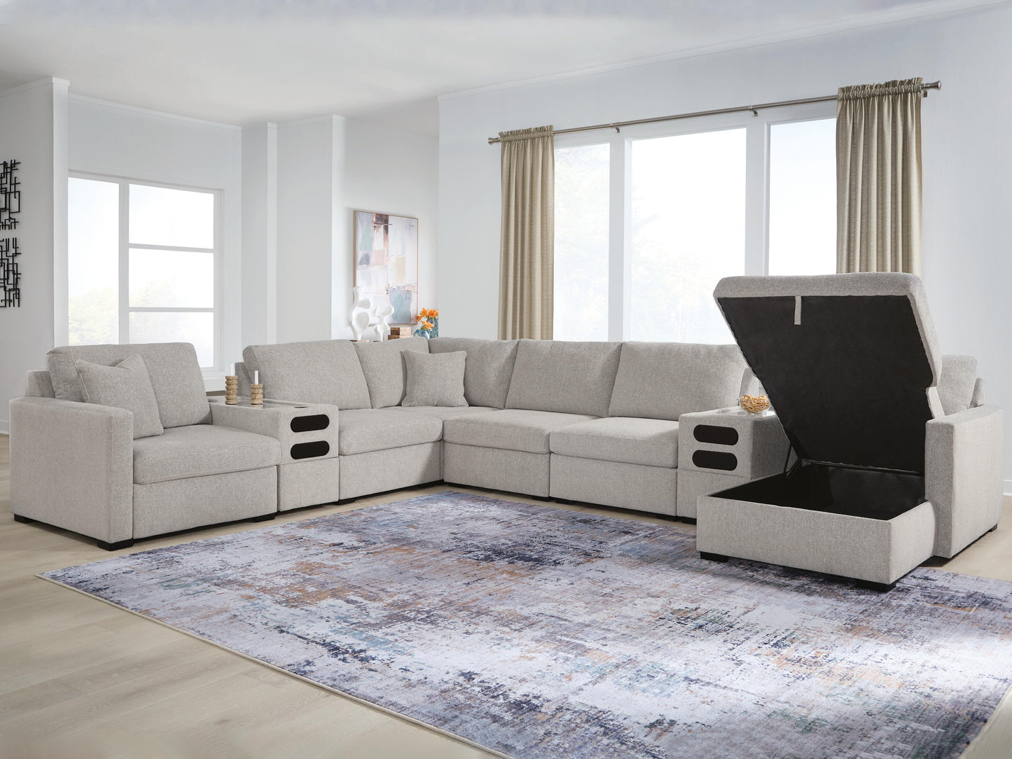 Cassel Furniture Outlet - Ashley Furniture - ModMax Luxe Sectional - RAF 8-Piece Sectional with Storage Chaise and Audio Consoles / Flint - 68605S80