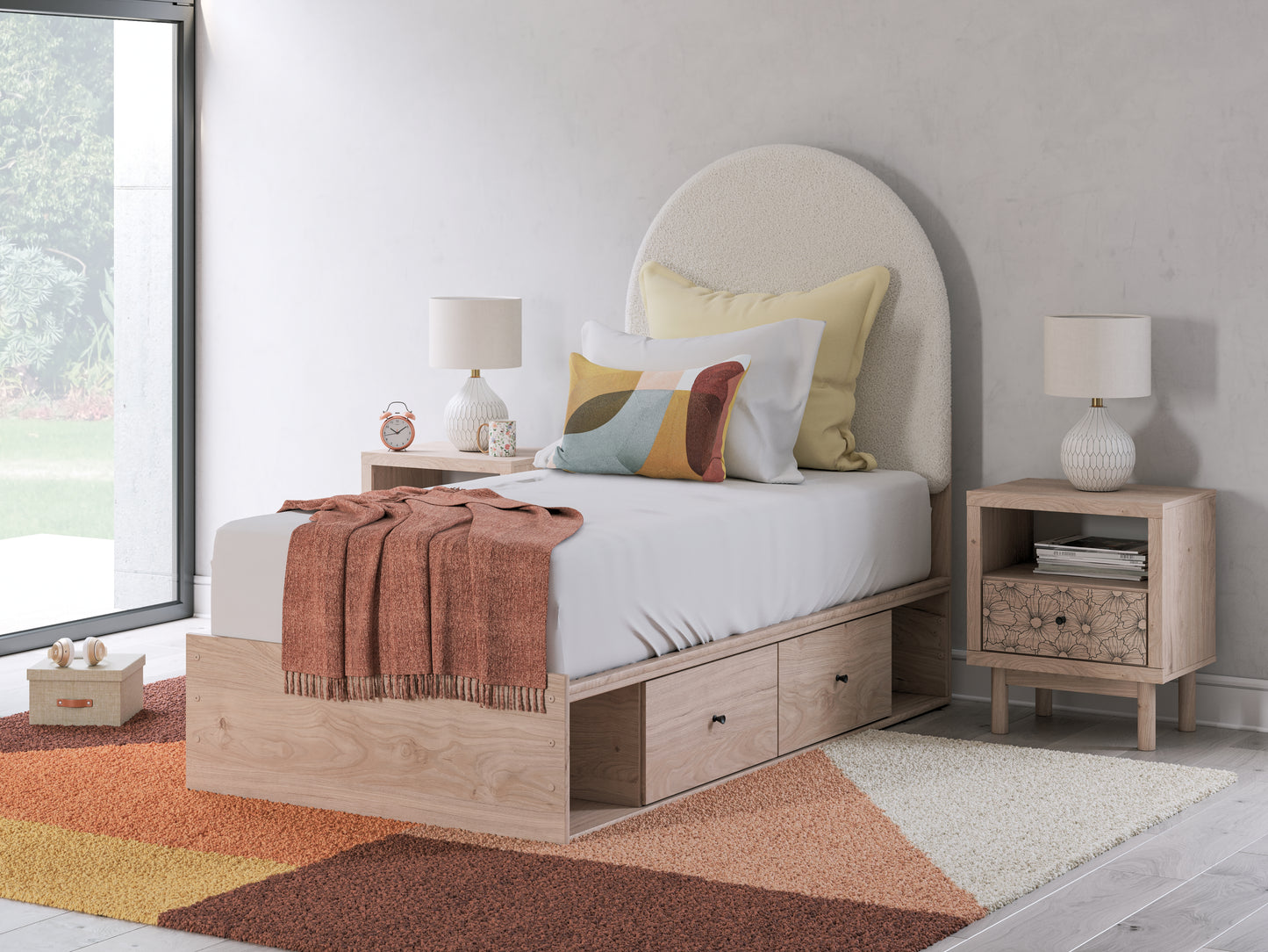 Cassel Furniture Outlet - Ashley Furniture - Arloster Bedroom - Twin Upholstered Panel Bed with Storage / Tan/White - PCB1566B6