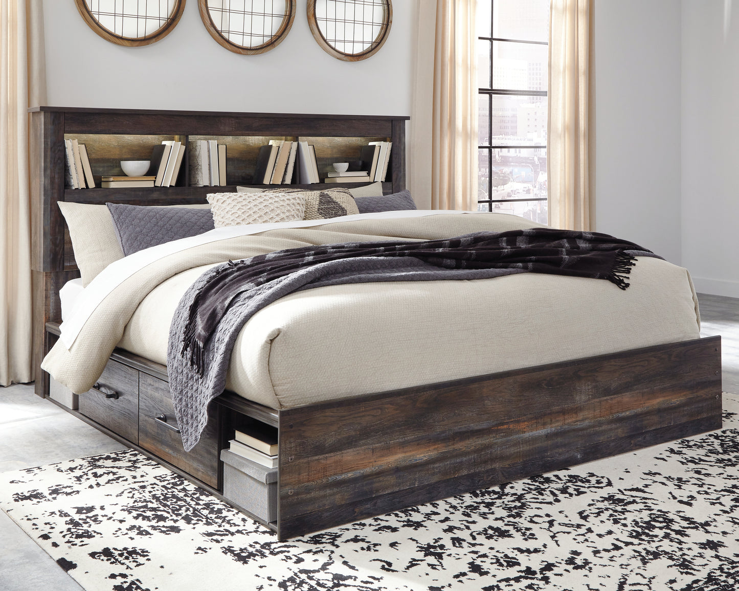 Cassel Furniture Outlet - Ashley Furniture - Drystan Bedroom - King Bookcase Bed with 2 Storage Drawers / Multi - B211B51