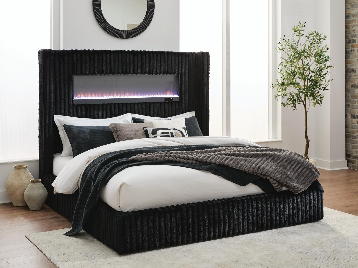 Cassel Furniture Outlet - Ashley Furniture - Tayleena Bedroom - King Upholstered Bed with Fireplace and Wireless Audio - PCB620B2