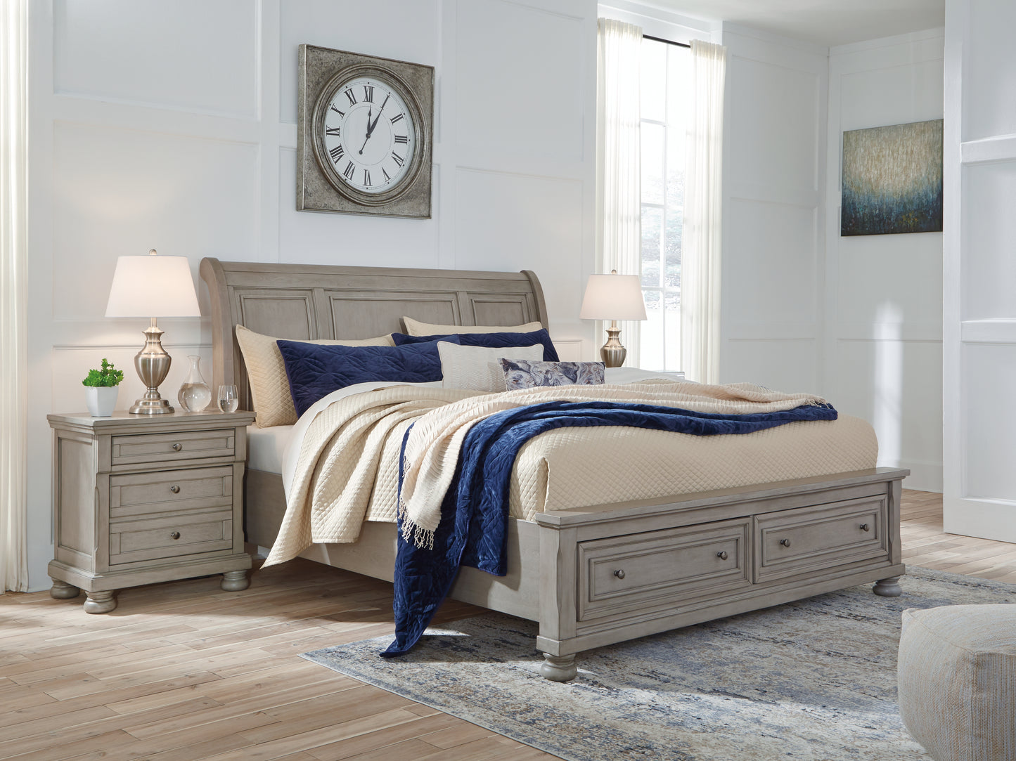 Cassel Furniture Outlet - Ashley Furniture - Lettner Bedroom - King Sleigh Bed with 2 Storage Drawers / Light Gray - B733B8