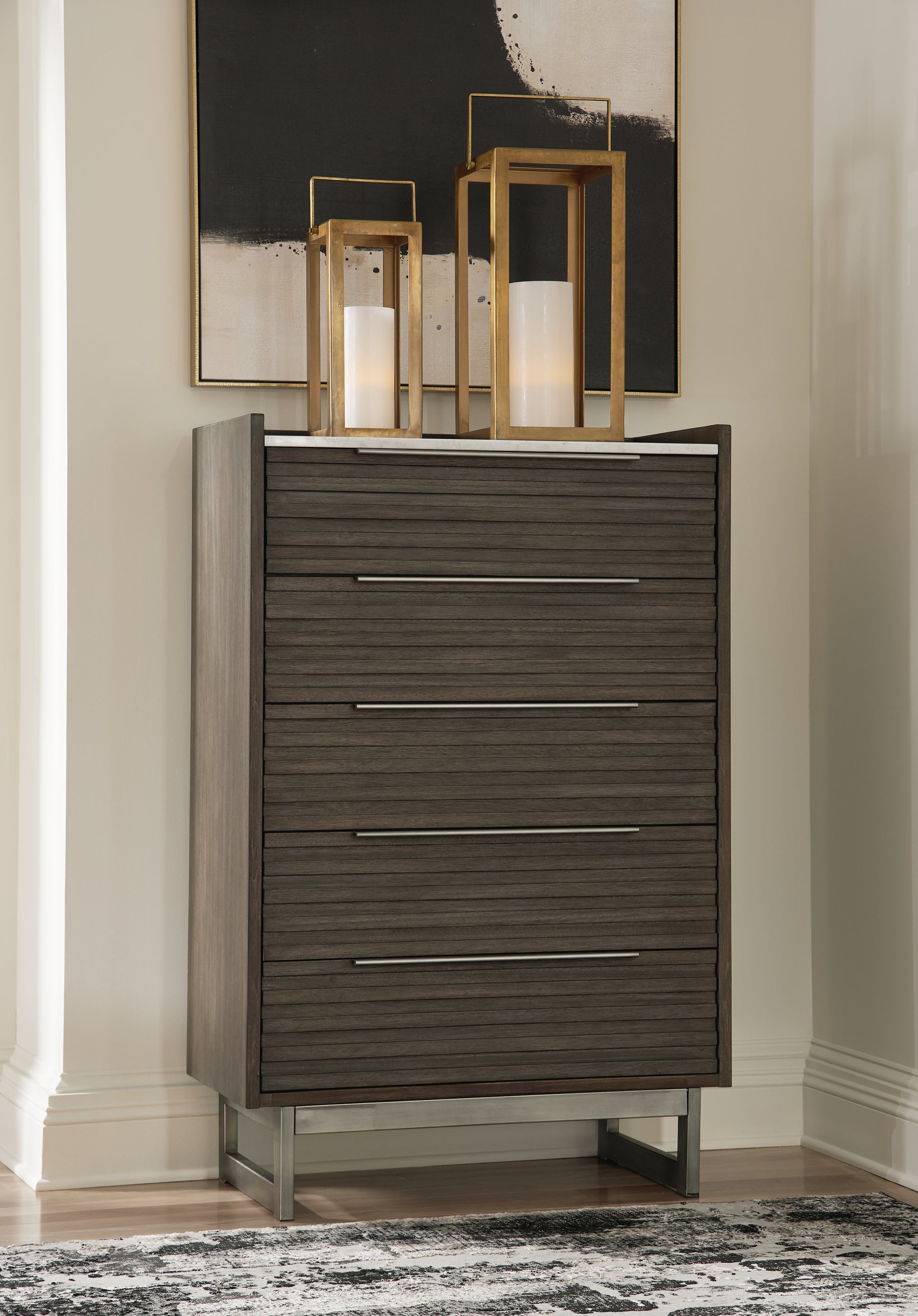 Cassel Furniture Outlet - Ashley Furniture - Arkenton Bedroom - Five Drawer Chest / Grayish Brown/White - B786-46