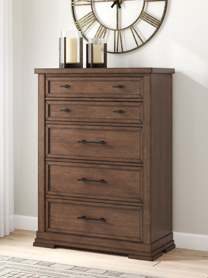 Cassel Furniture Outlet - Ashley Furniture - Taffenbrook Bedroom - Five Drawer Chest / Medium Brown - B849-46