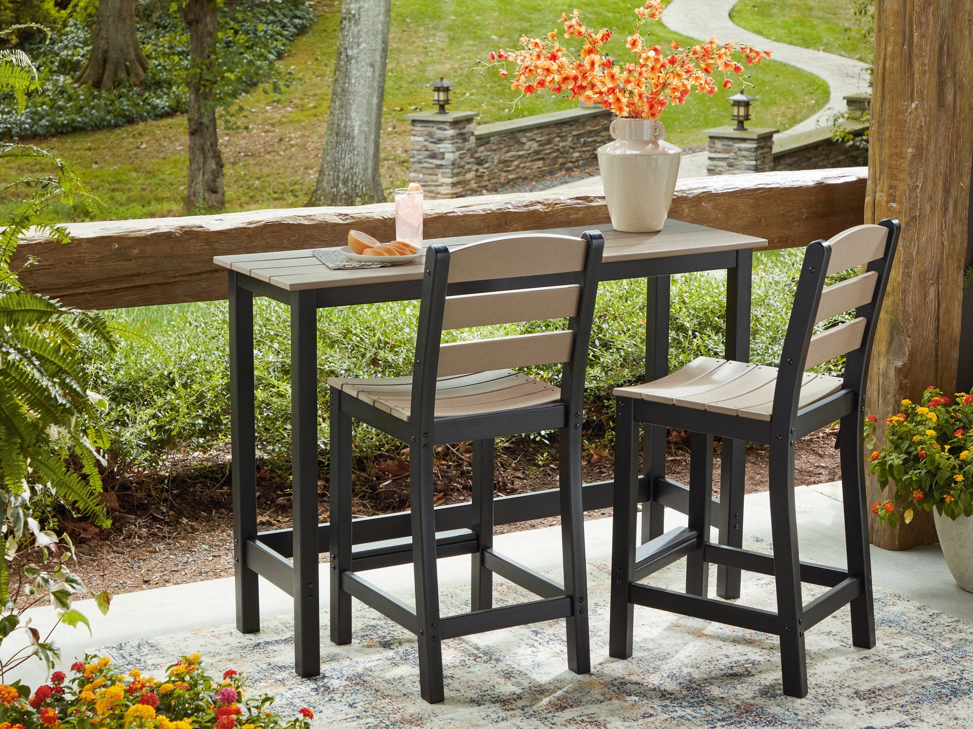 Cassel Furniture Outlet - Ashley Furniture - Shoreline Beach Outdoor - Counter Table Set (3/CN) / Black/Beige - PCP221-113