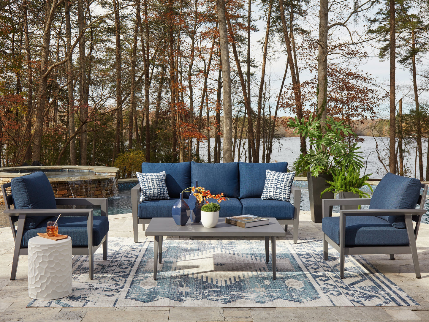 Cassel Furniture Outlet - Ashley Furniture - Gali Outdoor - Sofa/Chairs/Table Set (4/CN) / Gray/Blue - P275-081