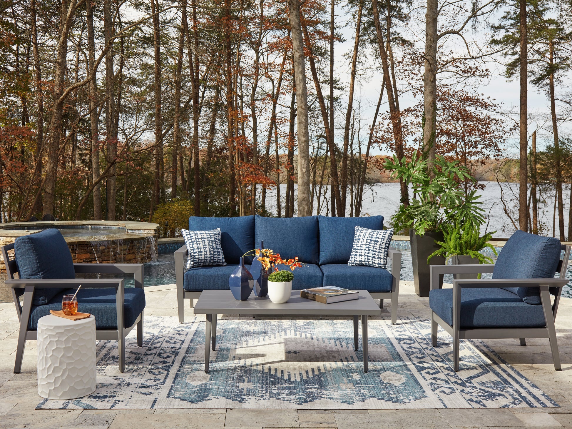 Cassel Furniture Outlet - Ashley Furniture - Gali Outdoor - Sofa/Chairs/Table Set (4/CN) / Gray/Blue - P275-081