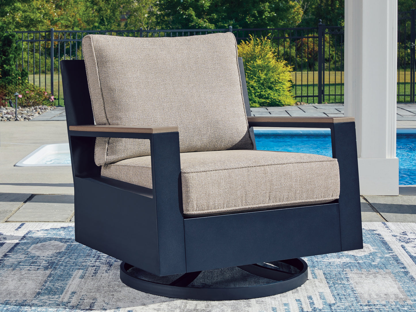 Cassel Furniture Outlet - Ashley Furniture - East Beach Outdoor - Swivel Glider Chair w/Cushion / Navy Blue/Driftwood - PCP587-821