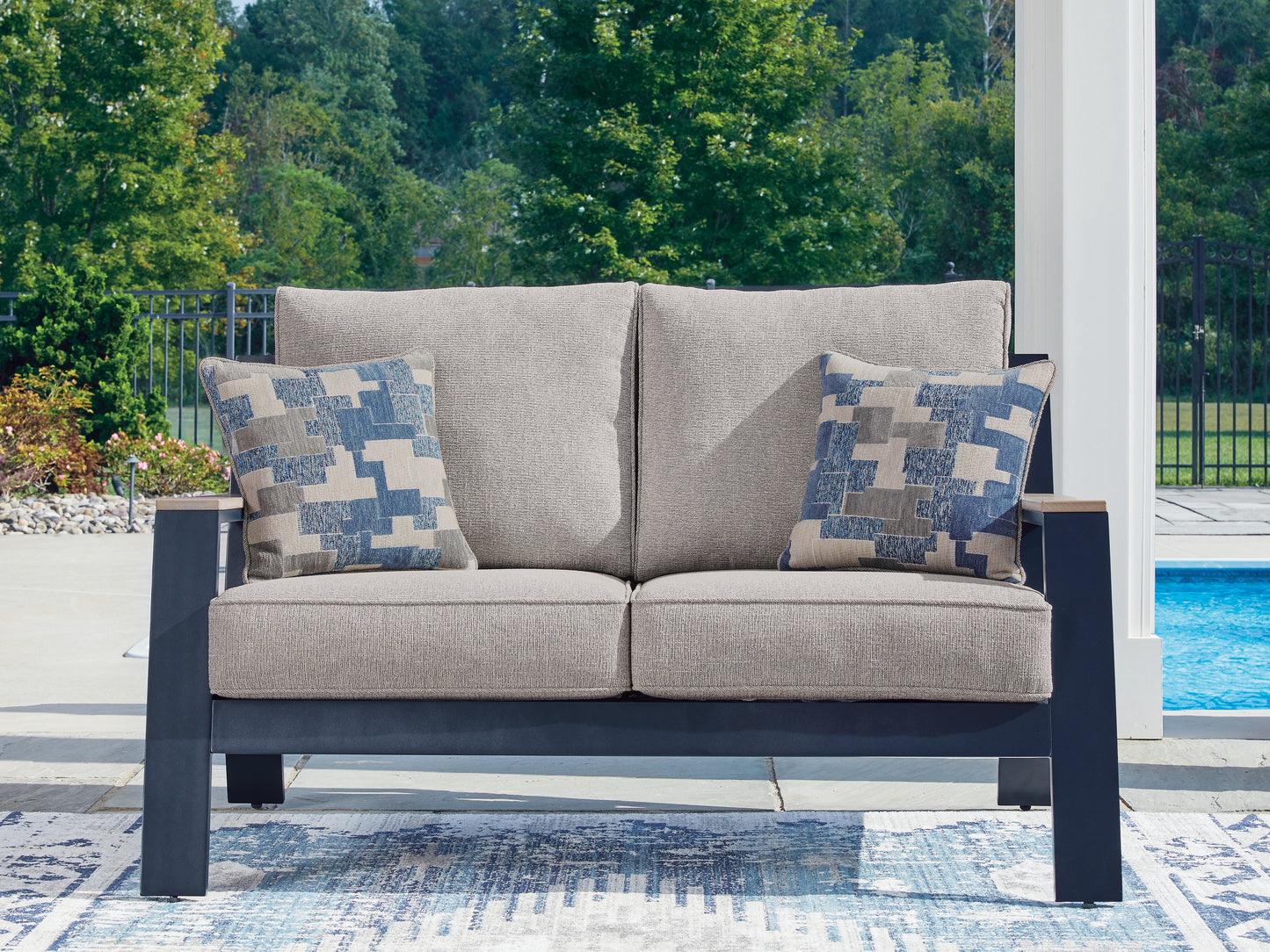 Cassel Furniture Outlet - Ashley Furniture - East Beach Outdoor - Loveseat w/Cushion / Navy Blue/Driftwood - PCP587-835