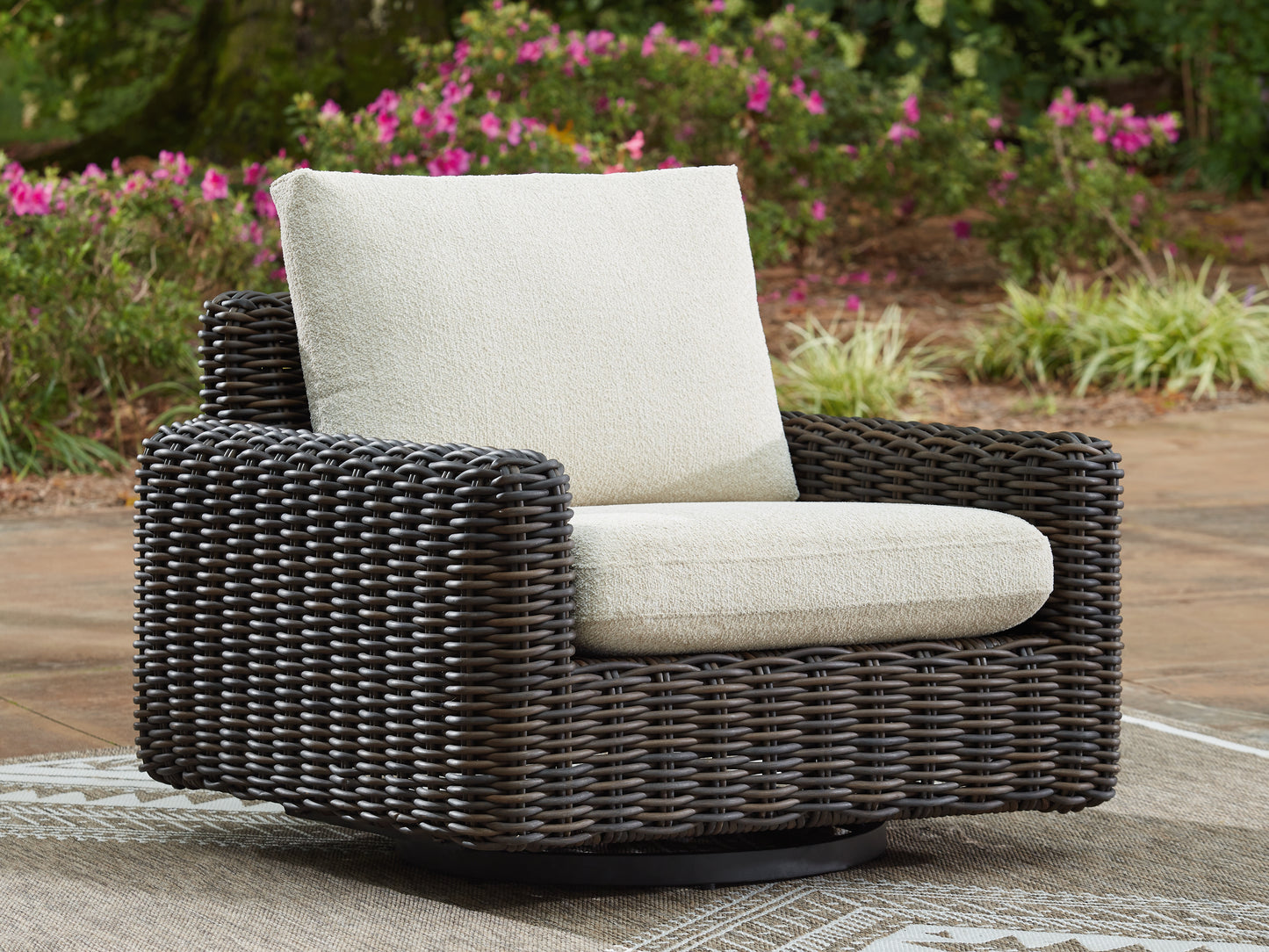 Cassel Furniture Outlet - Ashley Furniture - Kimora Outdoor - Swivel Glider Lounge w/Cushion / Beige/Dark Brown - P711-821