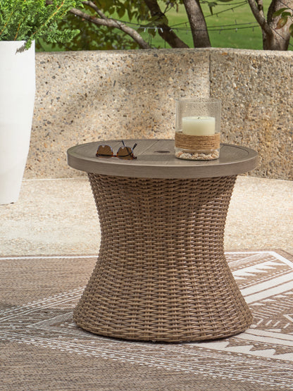 Cassel Furniture Outlet - Ashley Furniture - Laguna Heights Outdoor - Round End Table w/UMB OPT / Beige - PCP790-706