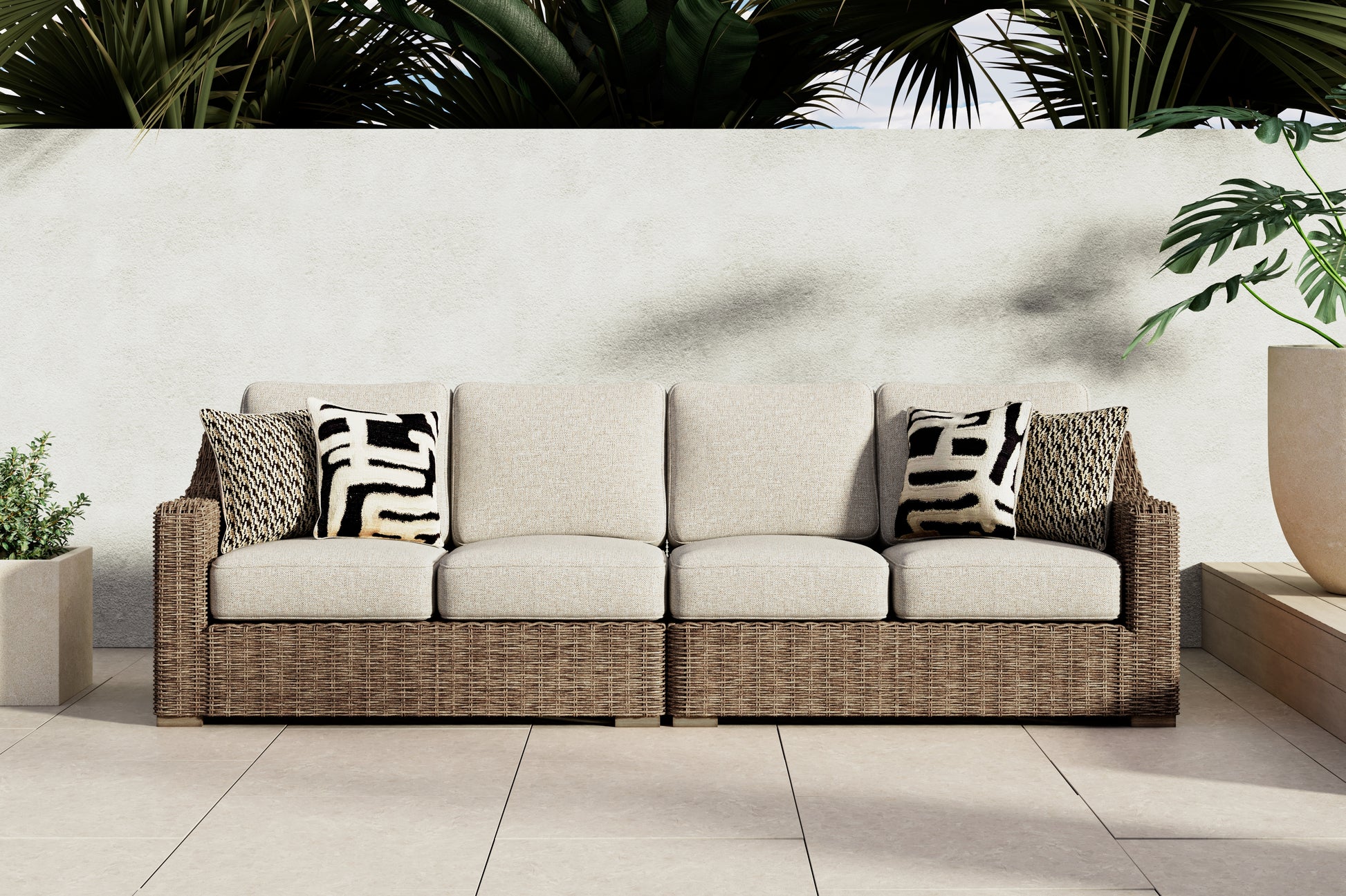 Cassel Furniture Outlet - Ashley Furniture - Beachcroft Outdoor - RAF/LAF Loveseat w/CUSH (Set of 2) / Beige - P791-854