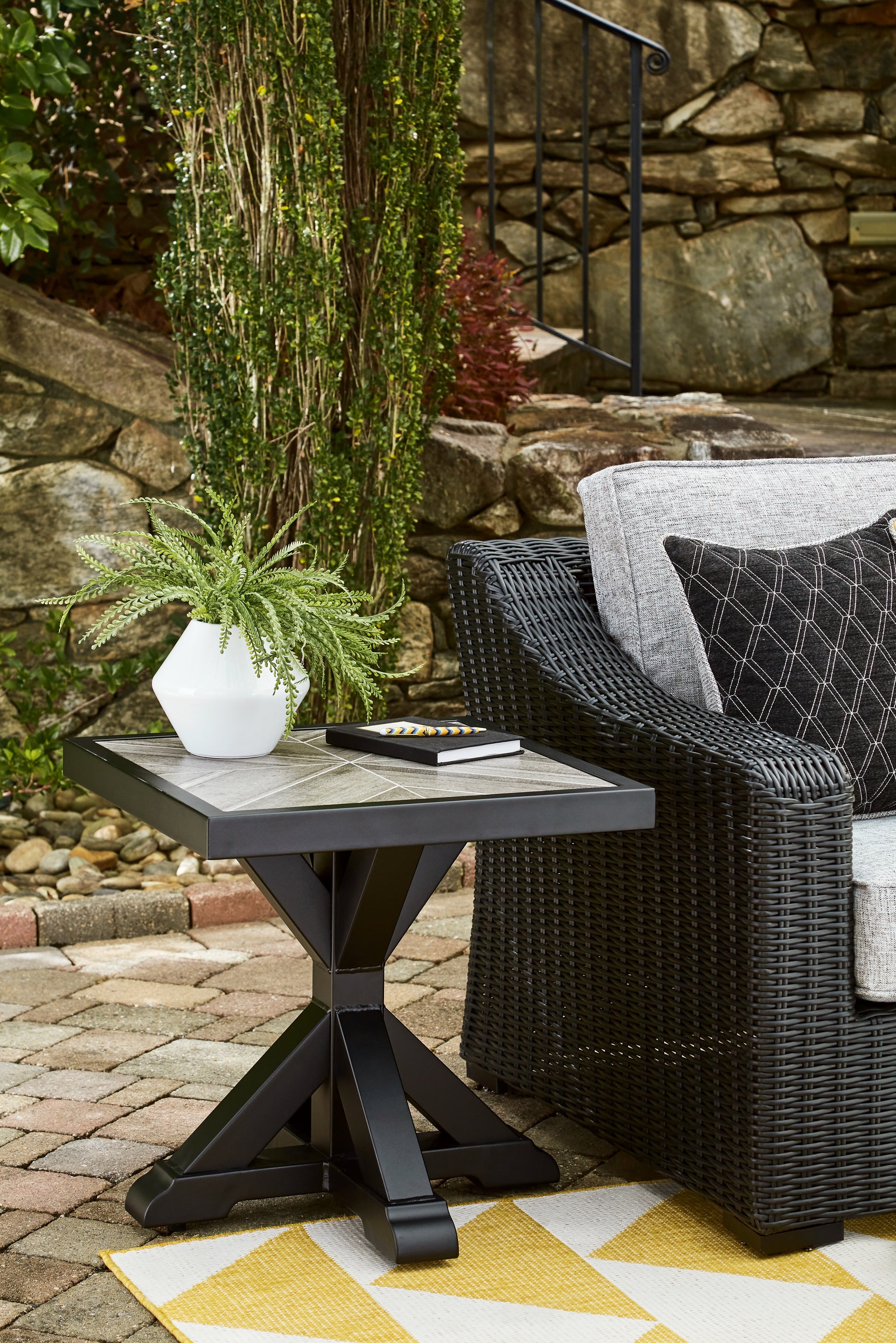 Cassel Furniture Outlet - Ashley Furniture - Beachcroft Outdoor - Square End Table / Black/Light Gray - P792-702