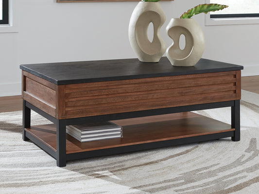 Cassel Furniture Outlet - Ashley Furniture - Kallari Lift-Top Coffee Table - Lift Top Cocktail Table / Warm Brown/Black - T737-9