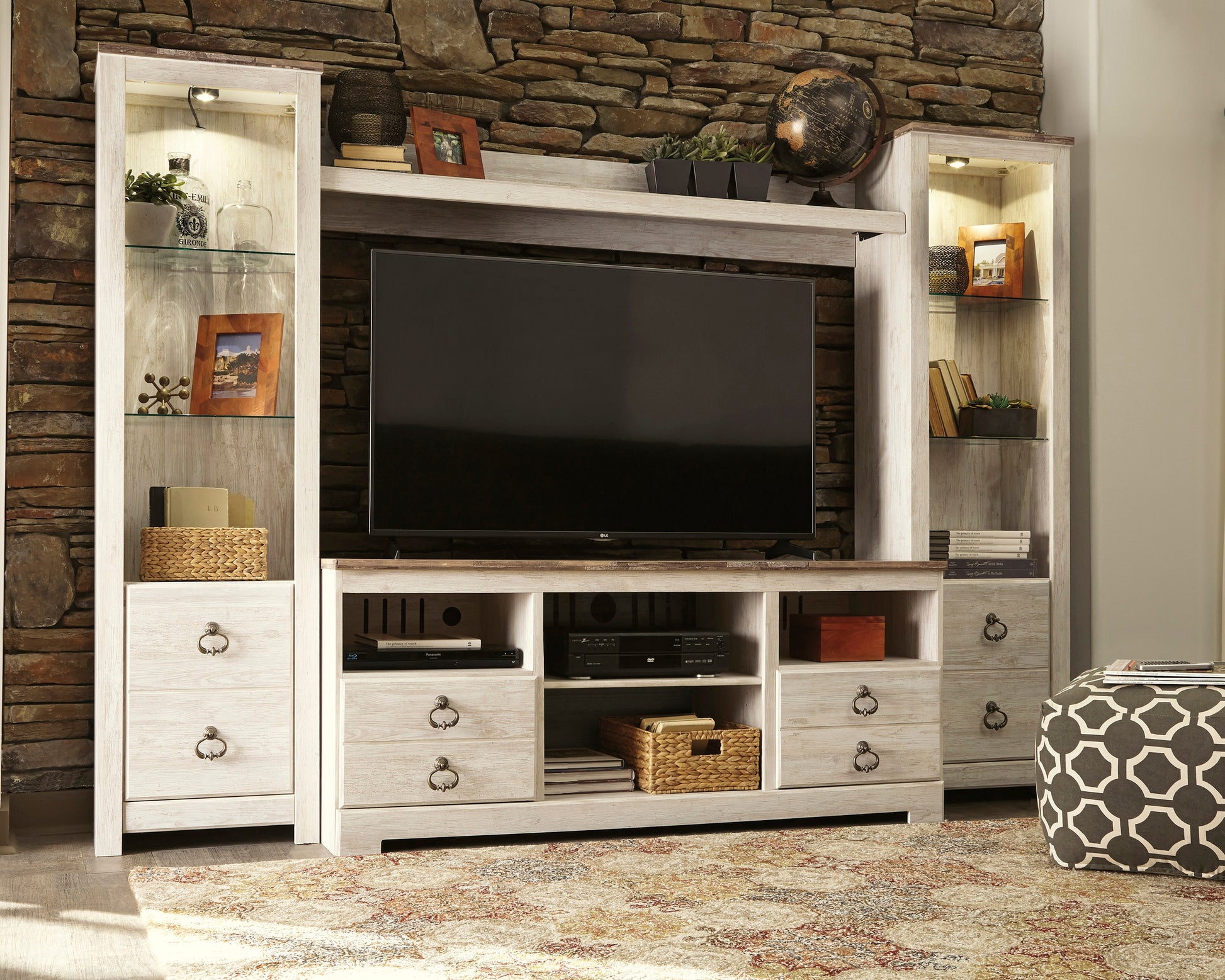 Cassel Furniture Outlet - Ashley Furniture - Willowton Entertainment Center - 4-Piece Entertainment Center / Whitewash - W267W3