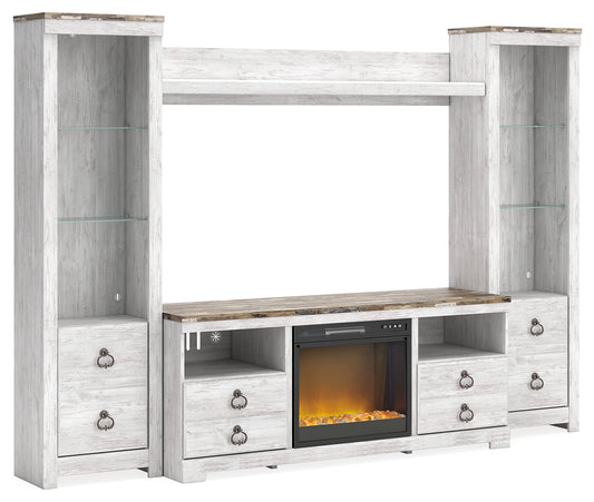 Cassel Furniture Outlet - Ashley Furniture - Willowton 4-Piece Entertainment Center with Electric Fireplace - 4-Piece Entertainment Center with Electric Fireplace / Whitewash - W267W4