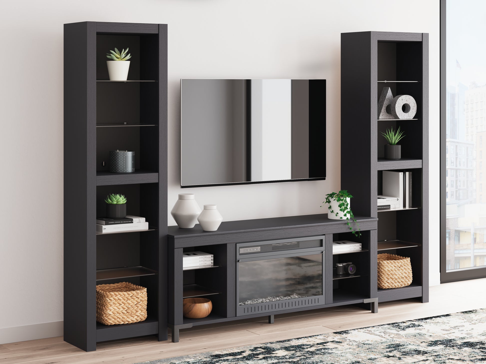 Cassel Furniture Outlet - Ashley Furniture - Cayberry 3-Piece Entertainment Center with Electric Fireplace - 3-Piece Entertainment Center with Electric Fireplace / Black - W2721W2
