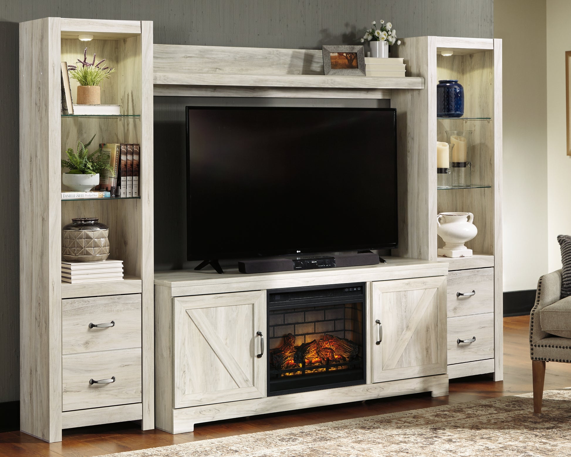 Cassel Furniture Outlet - Ashley Furniture - Bellaby 4-Piece Entertainment Center with Electric Fireplace - 4-Piece Entertainment Center with Electric Fireplace / Whitewash - W331W8