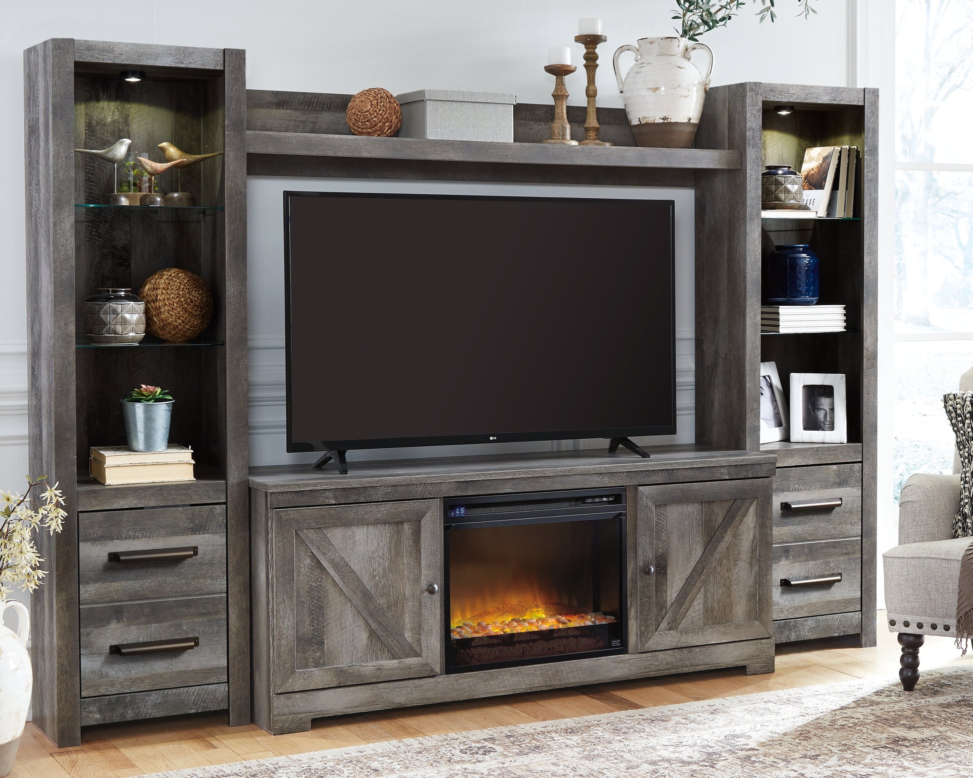 Cassel Furniture Outlet - Ashley Furniture - Wynnlow 4-Piece Entertainment Center with Electric Fireplace - 4-Piece Entertainment Center with Electric Fireplace / Gray - W440W5