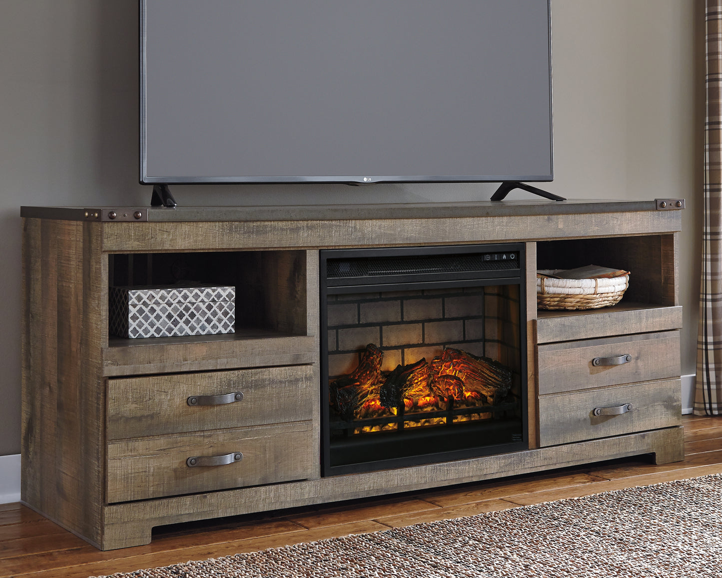 Cassel Furniture Outlet - Ashley Furniture - Trinell 63" TV Stand with Electric Fireplace - 63" TV Stand with Electric Fireplace / Brown - W446W9