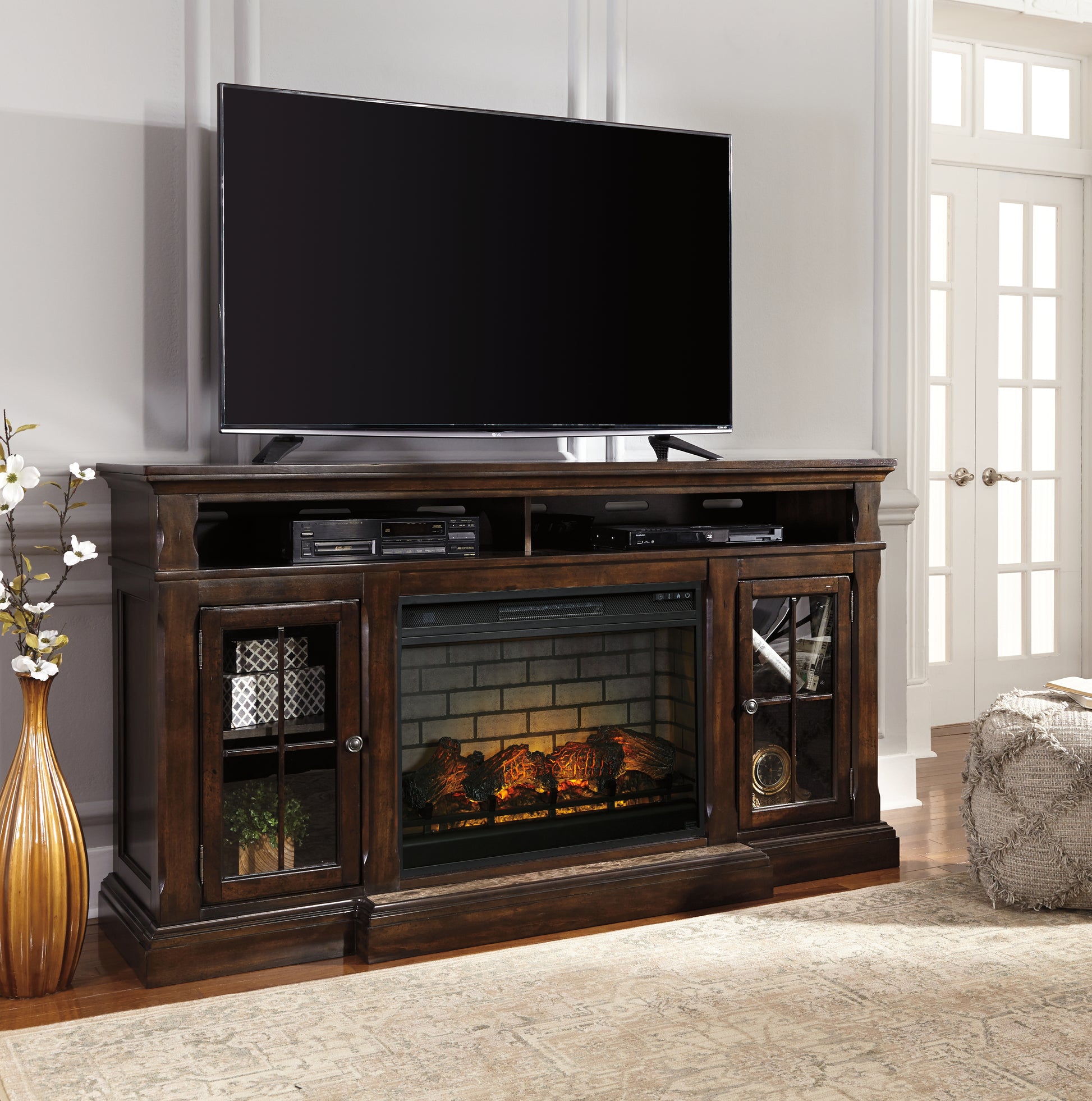 Cassel Furniture Outlet - Ashley Furniture - Roddinton 72" TV Stand with Electric Fireplace - 72" TV Stand with Electric Fireplace / Dark Brown - W701W8