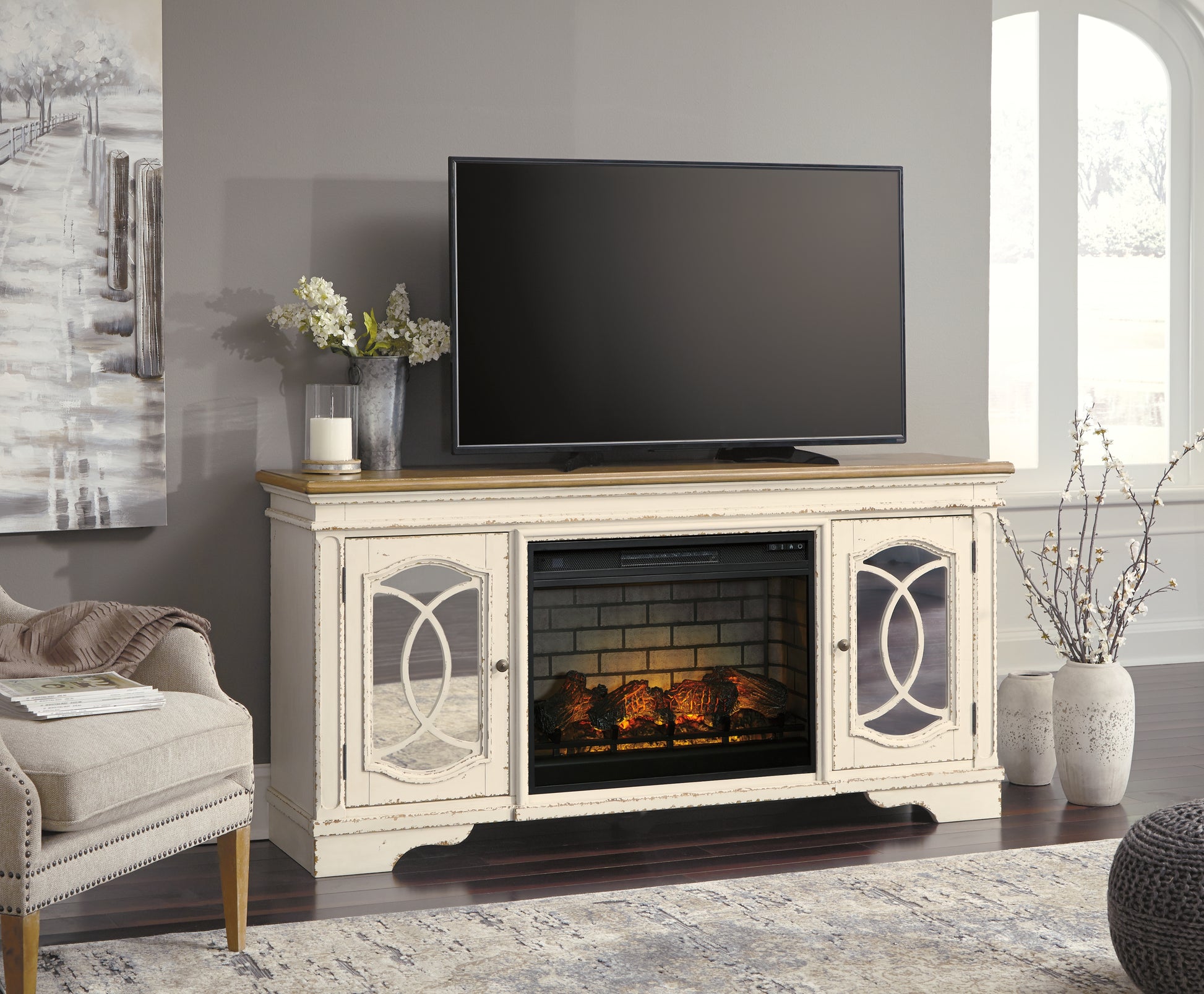 Cassel Furniture Outlet - Ashley Furniture - Realyn 74" TV Stand with Electric Fireplace - 74" TV Stand with Electric Fireplace / Chipped White - W743W2