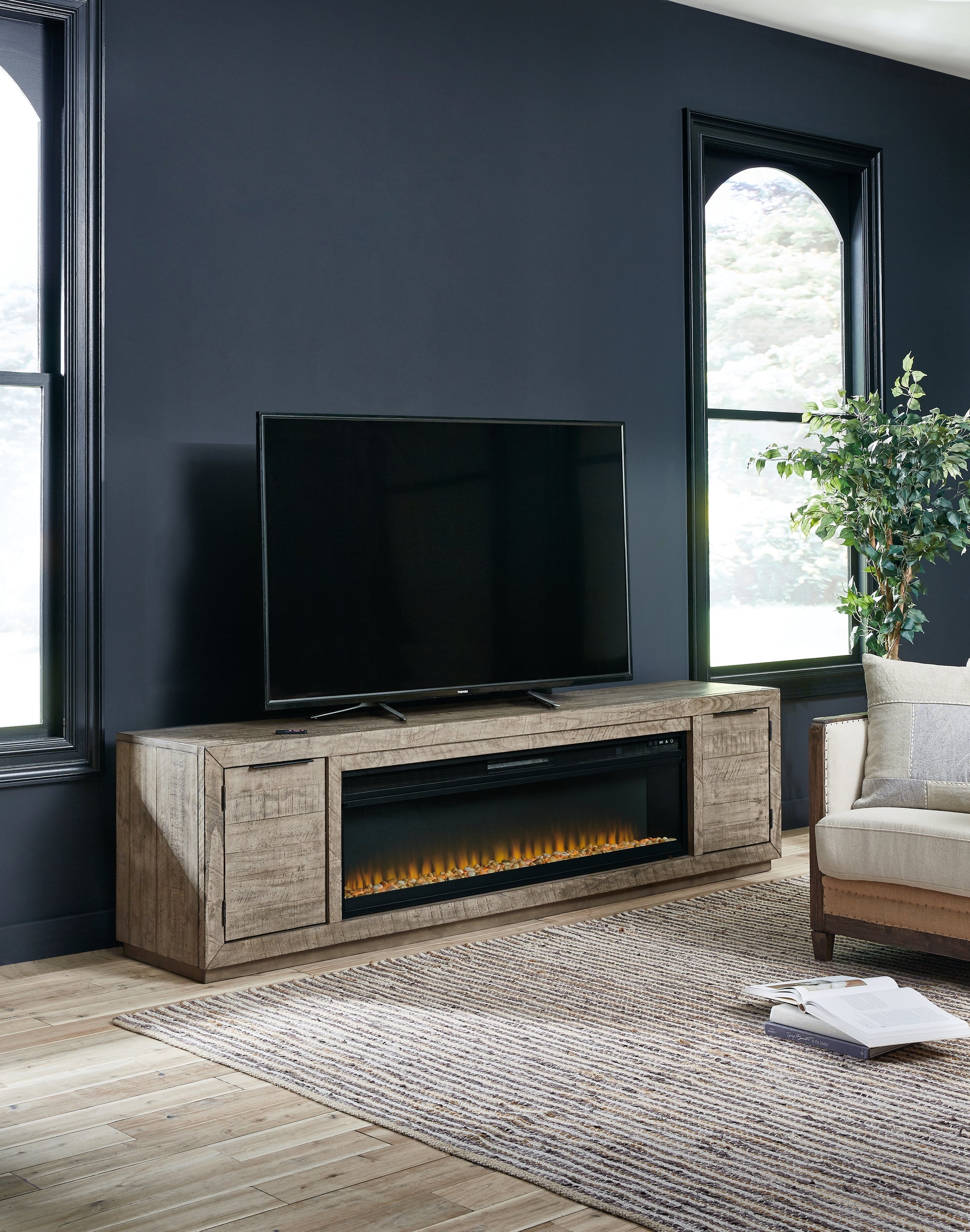 Cassel Furniture Outlet - Ashley Furniture - Krystanza TV Stand with Electric Fireplace - TV Stand with Electric Fireplace / Weathered Gray - W760W1