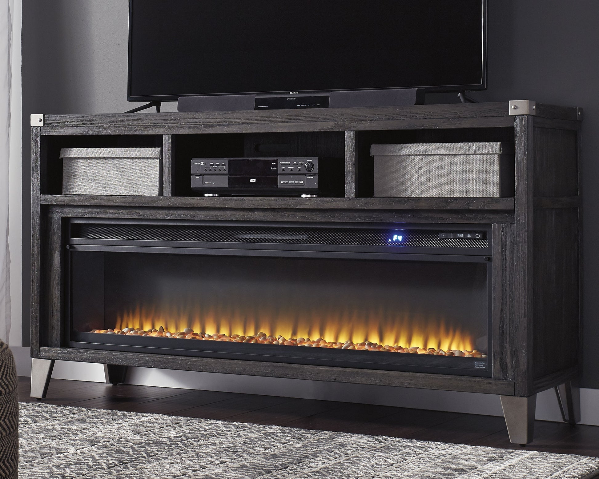 Cassel Furniture Outlet - Ashley Furniture - Todoe 65" TV Stand with Electric Fireplace - 65" TV Stand with Electric Fireplace / Gray - W901W1
