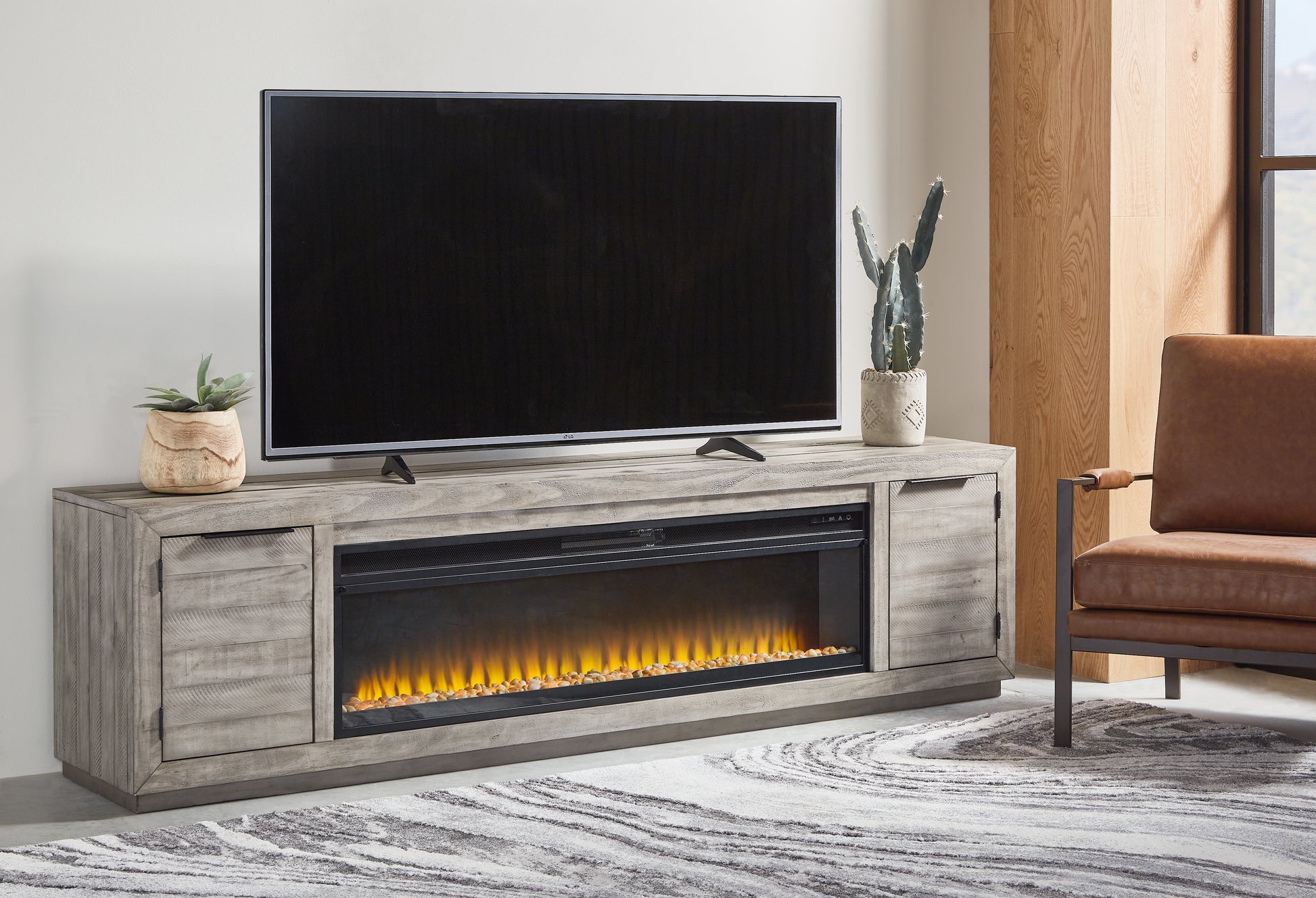 Cassel Furniture Outlet - Ashley Furniture - Naydell 92" TV Stand with Electric Fireplace - 92" TV Stand with Electric Fireplace / Gray - W996W1